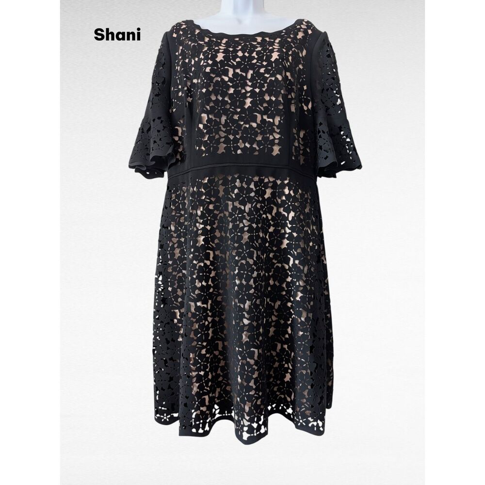 Focus by Shani Laser Cut Lace Fit & Flare Dress Size 14 Black/Nude